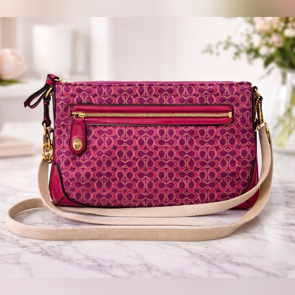 Coach Handbags - Coach Poppy Signature Metallic East West Swingpack Crossbody Bag in Pink